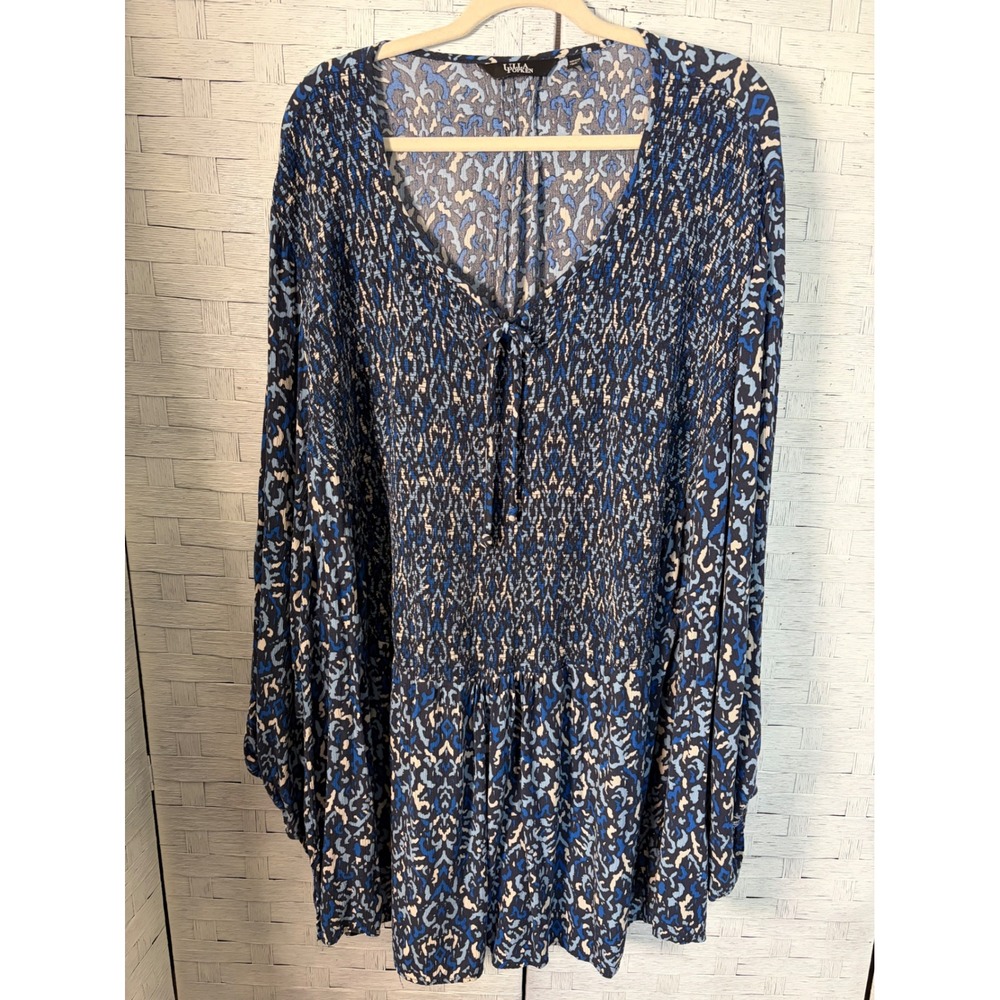 Ulla Popken Womens Tunic Top Abstract Smocked V-Neck Plus Size 32/34 831552 130